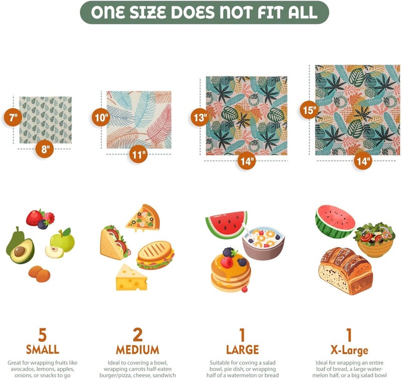 Akeeko Reusable Beeswax Food Wraps - Assorted 9 Packs, Reusable, Plastic-Free Food Storage, 5 Small, 2 Medium, 1 Large Wraps, 1 Extra Large with Tropical Leave Pattern - Image 2